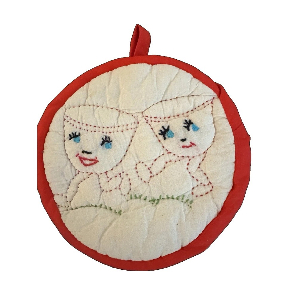 Vintage Pot Holder Hot Pad Embroidered Tea Cups Kitschy Retro Kitchen 1950s